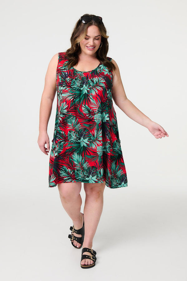 Red | Leaf Print Sleeveless Tunic Dress