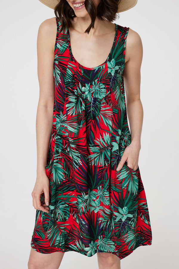 Red | Leaf Print Sleeveless Tunic Dress