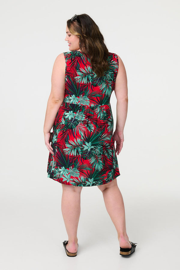 Red | Leaf Print Sleeveless Tunic Dress