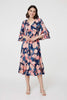 Navy | Floral 3/4 Sleeve Ruffled Midi Dress