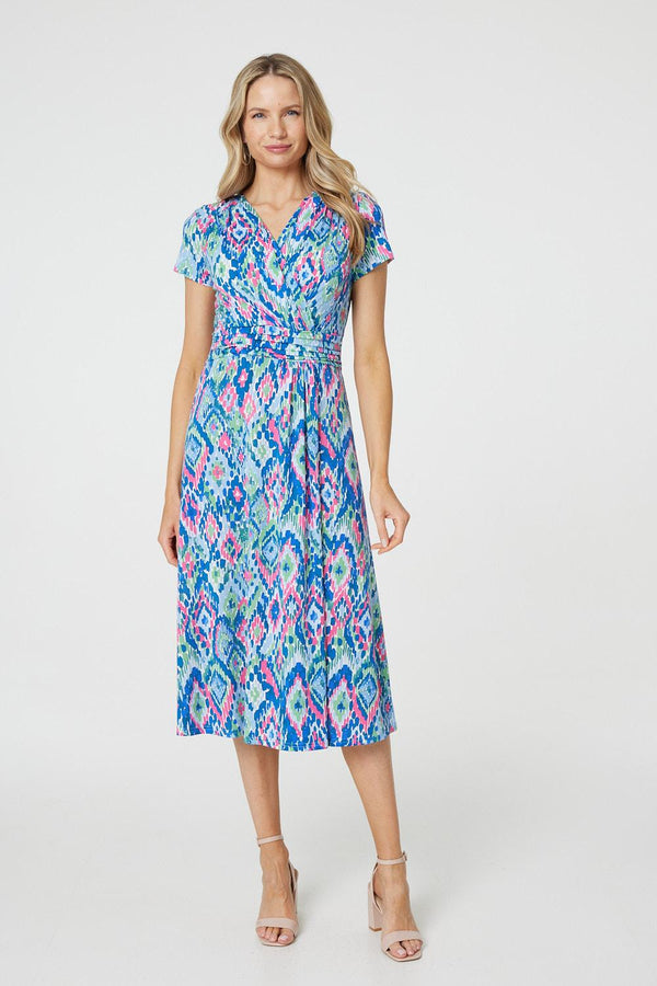 Blue | Printed Ruched Faux-Wrap Midi Dress