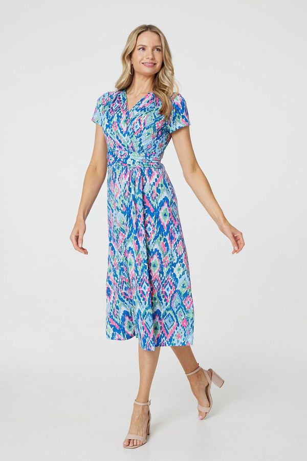 Blue | Printed Ruched Faux-Wrap Midi Dress