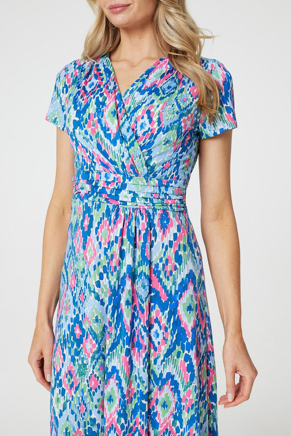 Blue | Printed Ruched Faux-Wrap Midi Dress