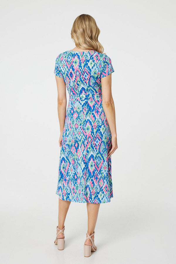 Blue | Printed Ruched Faux-Wrap Midi Dress