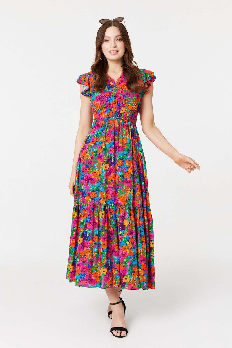 Floral cap sleeve midi dress hotsell