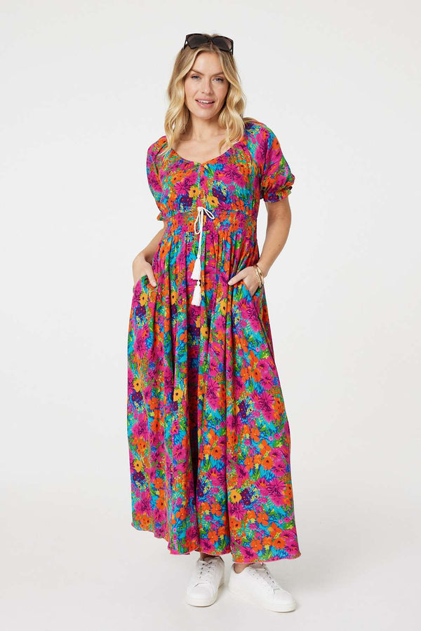 Pink | Floral Drawstring Empire Waist Maxi Dress