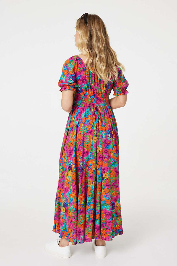 Pink | Floral Drawstring Empire Waist Maxi Dress