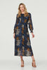 Navy | Printed Long Puff Sleeve Midi Dress