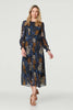 Navy | Printed Long Puff Sleeve Midi Dress