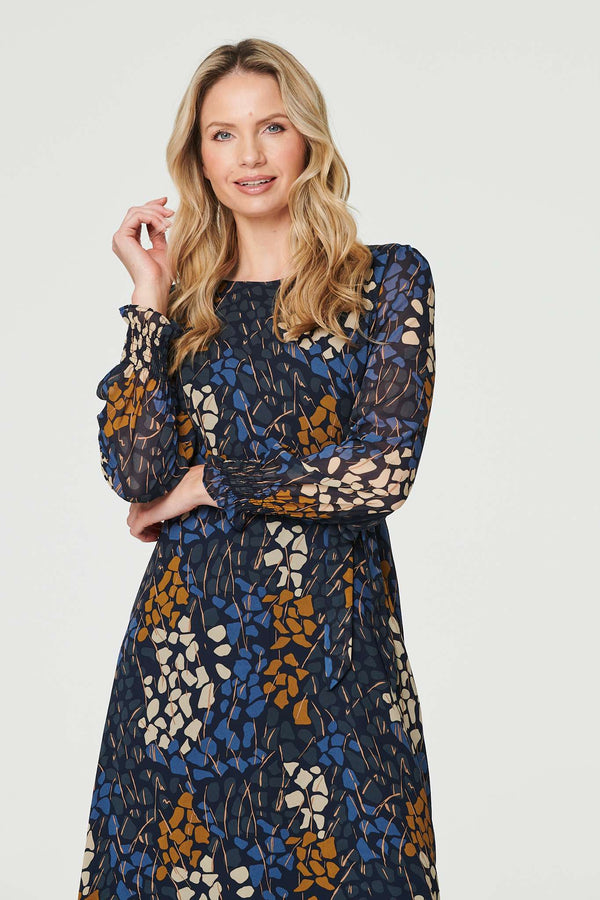 Navy | Printed Long Puff Sleeve Midi Dress