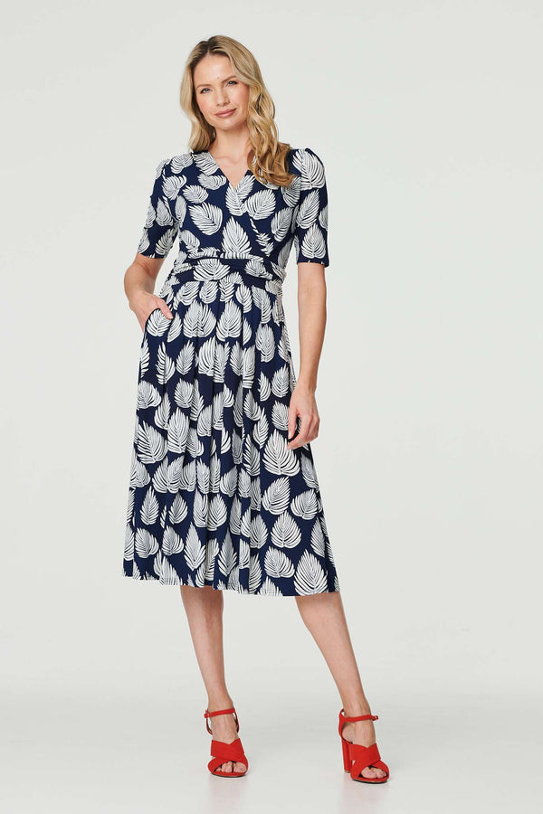 Navy | Printed Short Sleeve Wrap Tea Dress