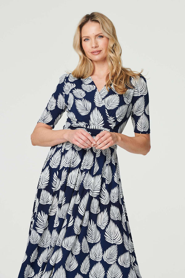 Navy | Printed Short Sleeve Wrap Tea Dress