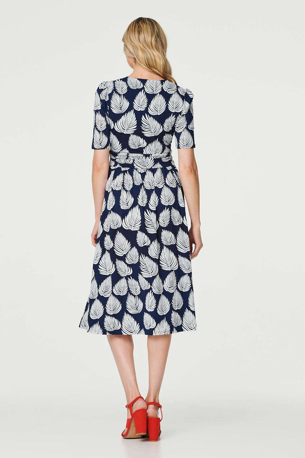 Navy | Printed Short Sleeve Wrap Tea Dress