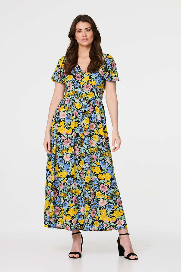 Yellow | Floral Puff Sleeve Cut Out Maxi Dress