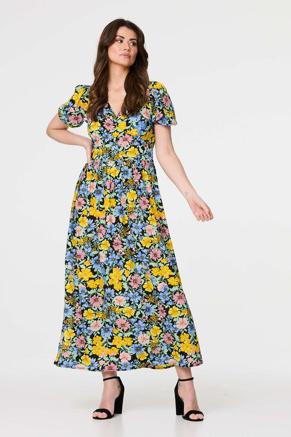 Yellow | Floral Puff Sleeve Cut Out Maxi Dress