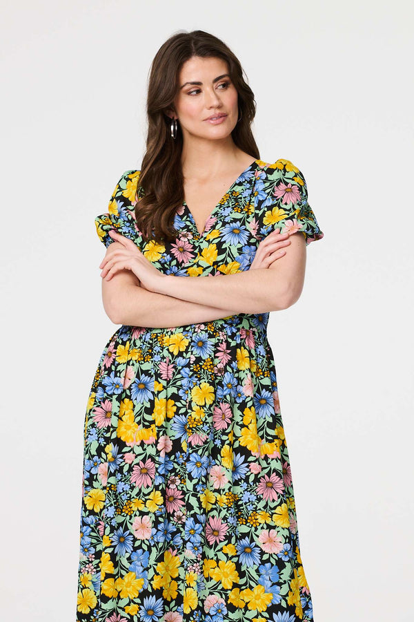 Yellow | Floral Puff Sleeve Cut Out Maxi Dress