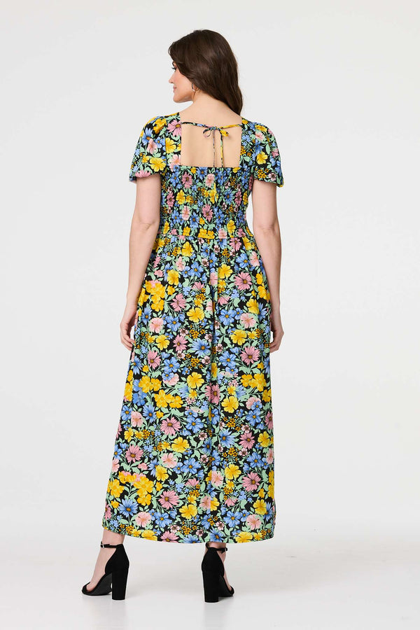 Yellow | Floral Puff Sleeve Cut Out Maxi Dress