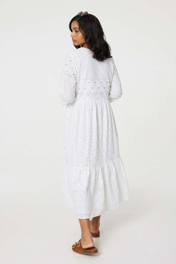 White | Broderie Anglaise 3/4 Sleeve Midi Dress