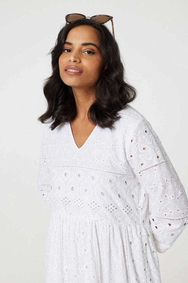 Broderie Anglaise 3/4 Sleeve Midi Dress | Izabel London