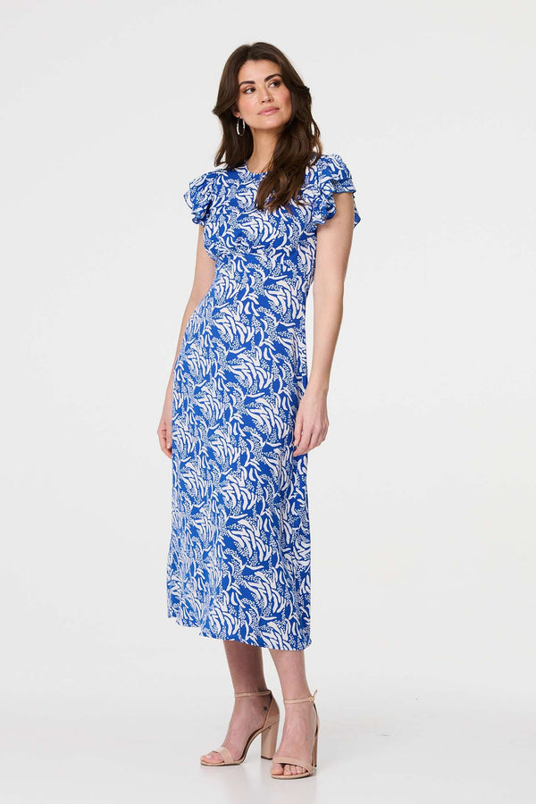 Blue | Printed Frill Cap Sleeve Midi Dress