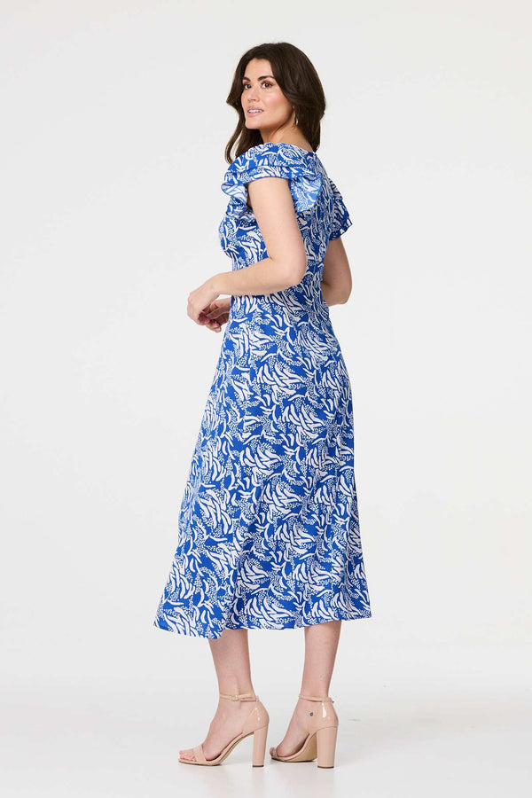 Blue | Printed Frill Cap Sleeve Midi Dress