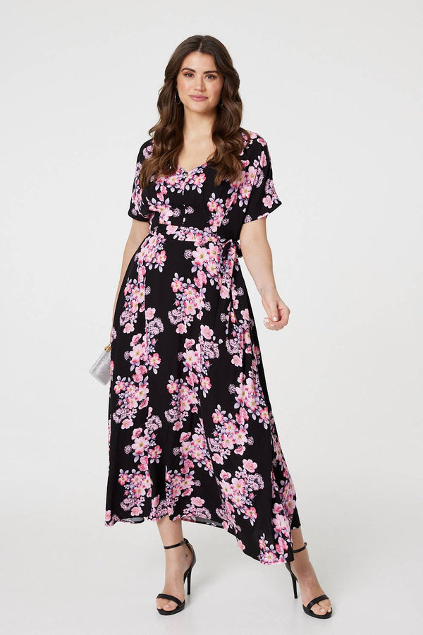 Pink | Floral V-Neck Maxi Dress with Belt