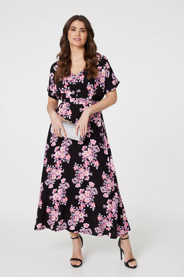 Pink | Floral V-Neck Maxi Dress with Belt