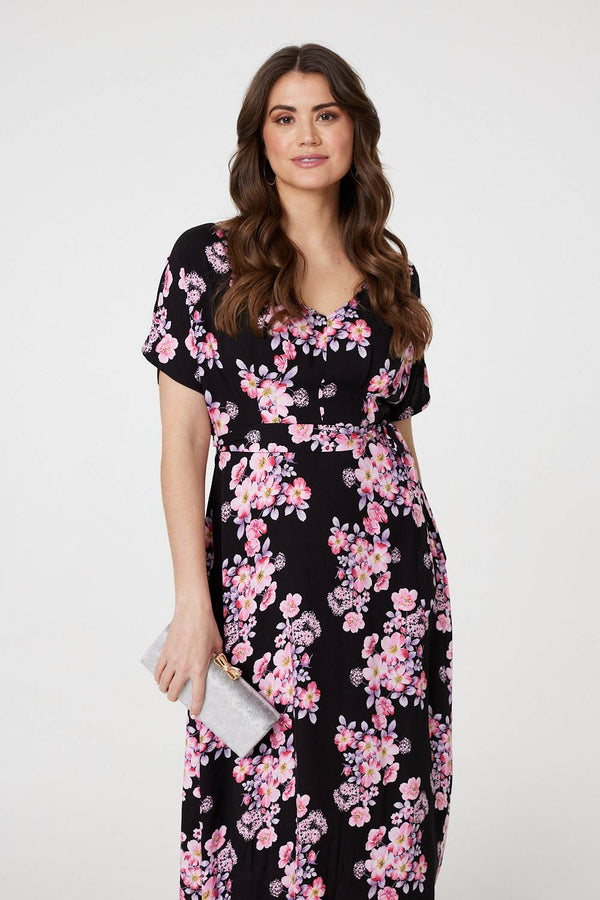 Pink | Floral V-Neck Maxi Dress with Belt