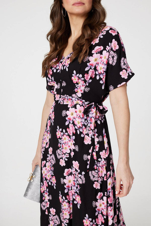 Pink | Floral V-Neck Maxi Dress with Belt