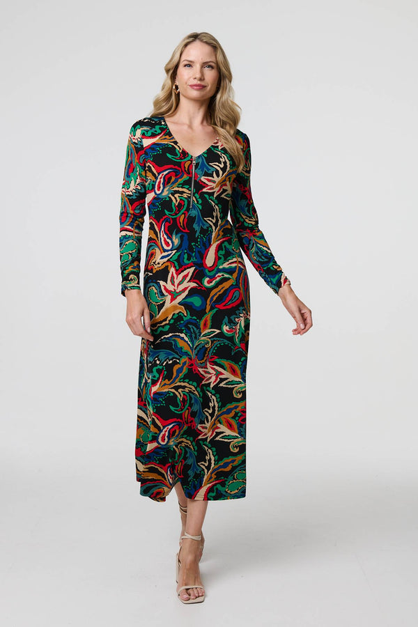 Black | Printed Zip Front Long Sleeve Maxi Dress
