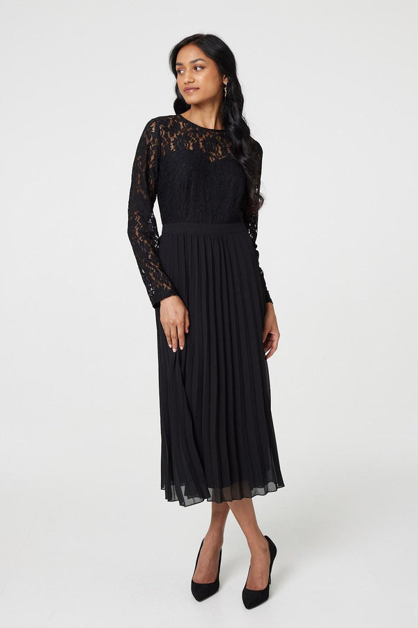 Black | Lace Trim Pleated Long Sleeve Midi Dress
