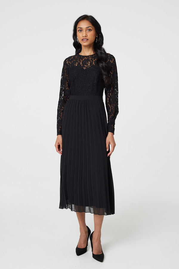 Black | Lace Trim Pleated Long Sleeve Midi Dress
