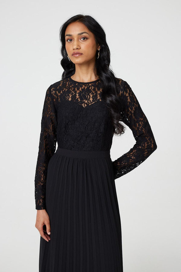 Black | Lace Trim Pleated Long Sleeve Midi Dress
