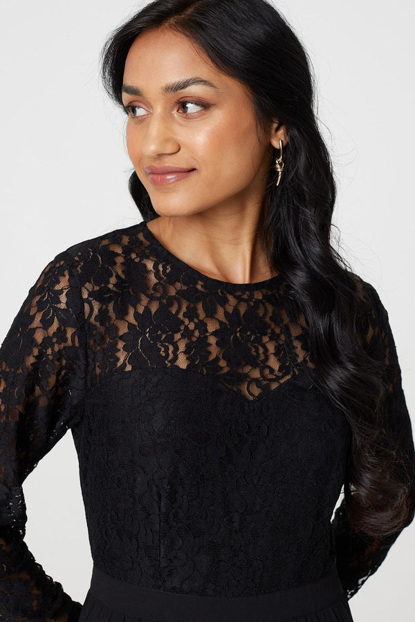 Black | Lace Trim Pleated Long Sleeve Midi Dress
