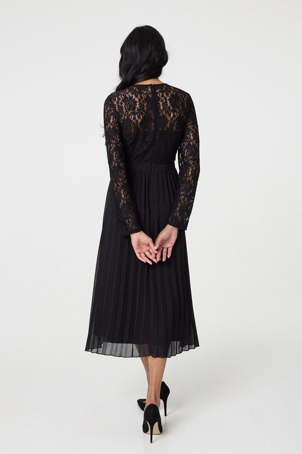 Black | Lace Trim Pleated Long Sleeve Midi Dress
