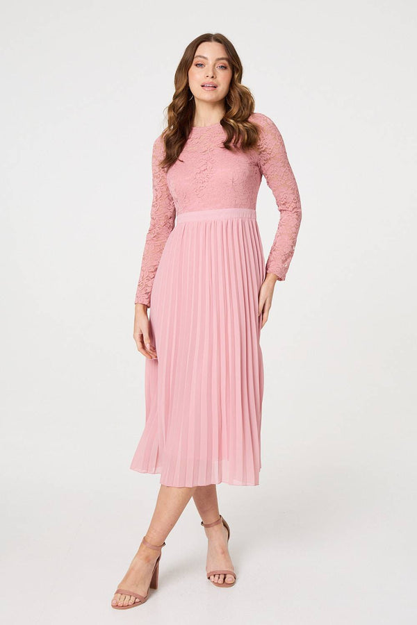 Pink | Lace Trim Pleated Long Sleeve Midi Dress
