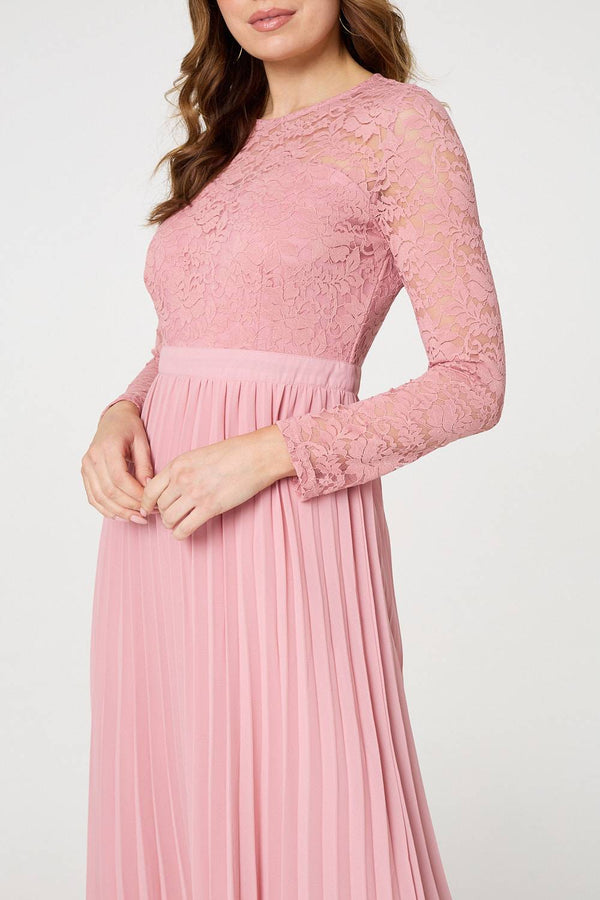 Pink | Lace Trim Pleated Long Sleeve Midi Dress
