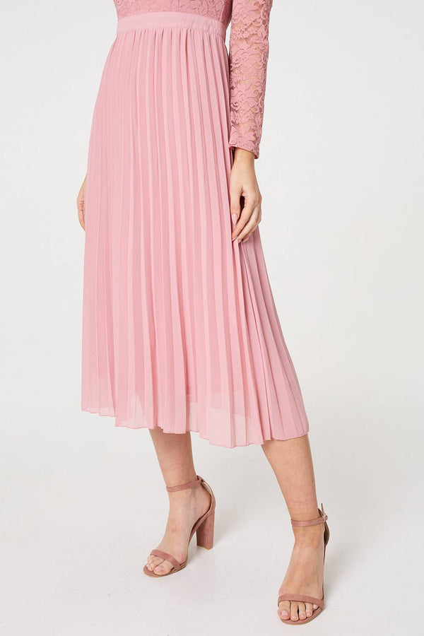 Pink | Lace Trim Pleated Long Sleeve Midi Dress
