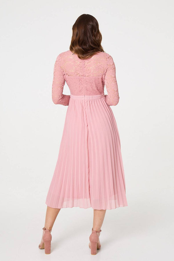 Pink | Lace Trim Pleated Long Sleeve Midi Dress
