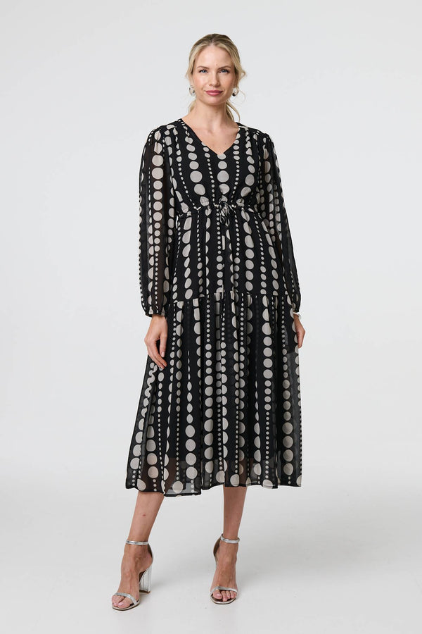 Black | Dotty Print Long Puff Sleeve Midi Dress
