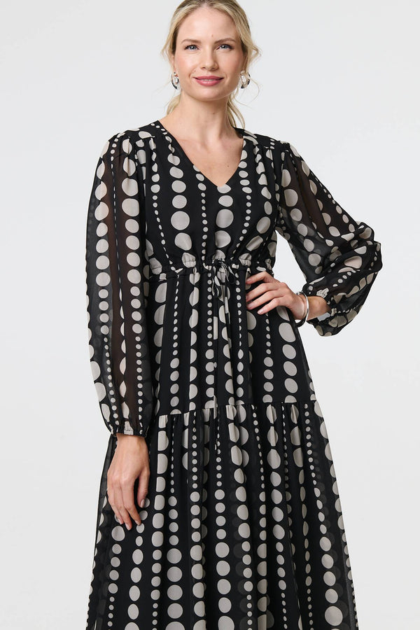 Black | Dotty Print Long Puff Sleeve Midi Dress
