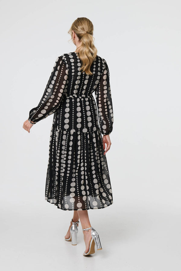 Black | Dotty Print Long Puff Sleeve Midi Dress
