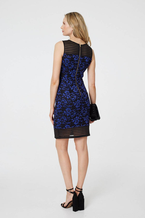 Blue | Floral Lace Sleeveless Semi Sheer Dress