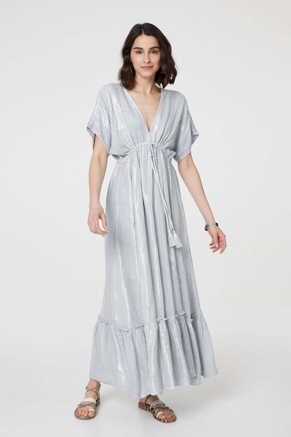 Light Grey | Dotty Empire Waist Kimono Maxi Dress