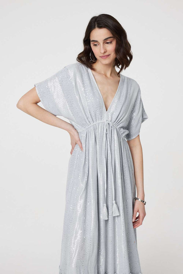 Light Grey | Dotty Empire Waist Kimono Maxi Dress