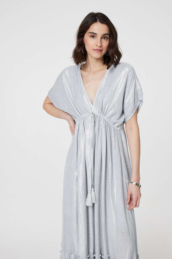 Light Grey | Dotty Empire Waist Kimono Maxi Dress