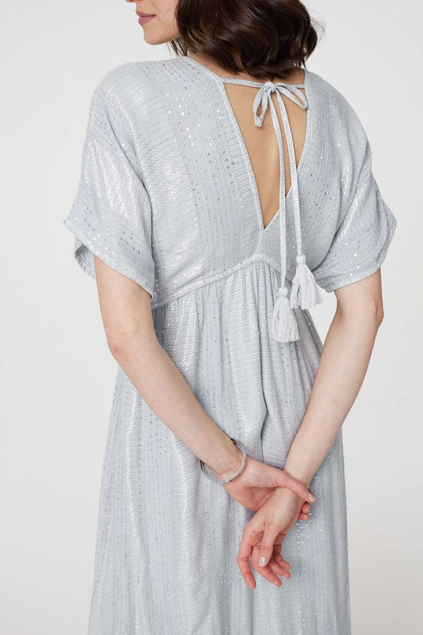 Light Grey | Dotty Empire Waist Kimono Maxi Dress