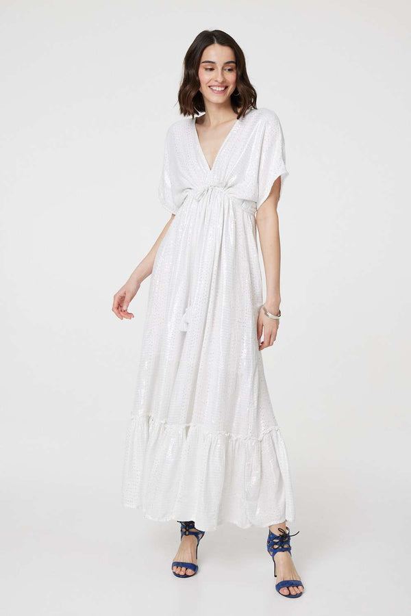 White | Dotty Empire Waist Kimono Maxi Dress