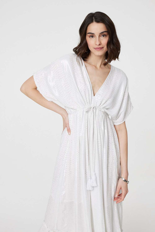 White | Dotty Empire Waist Kimono Maxi Dress