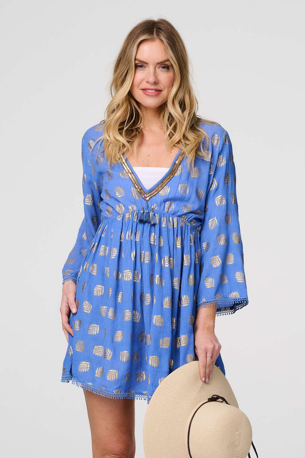 Blue  | Foiled Leaf Print Short Beach Dress